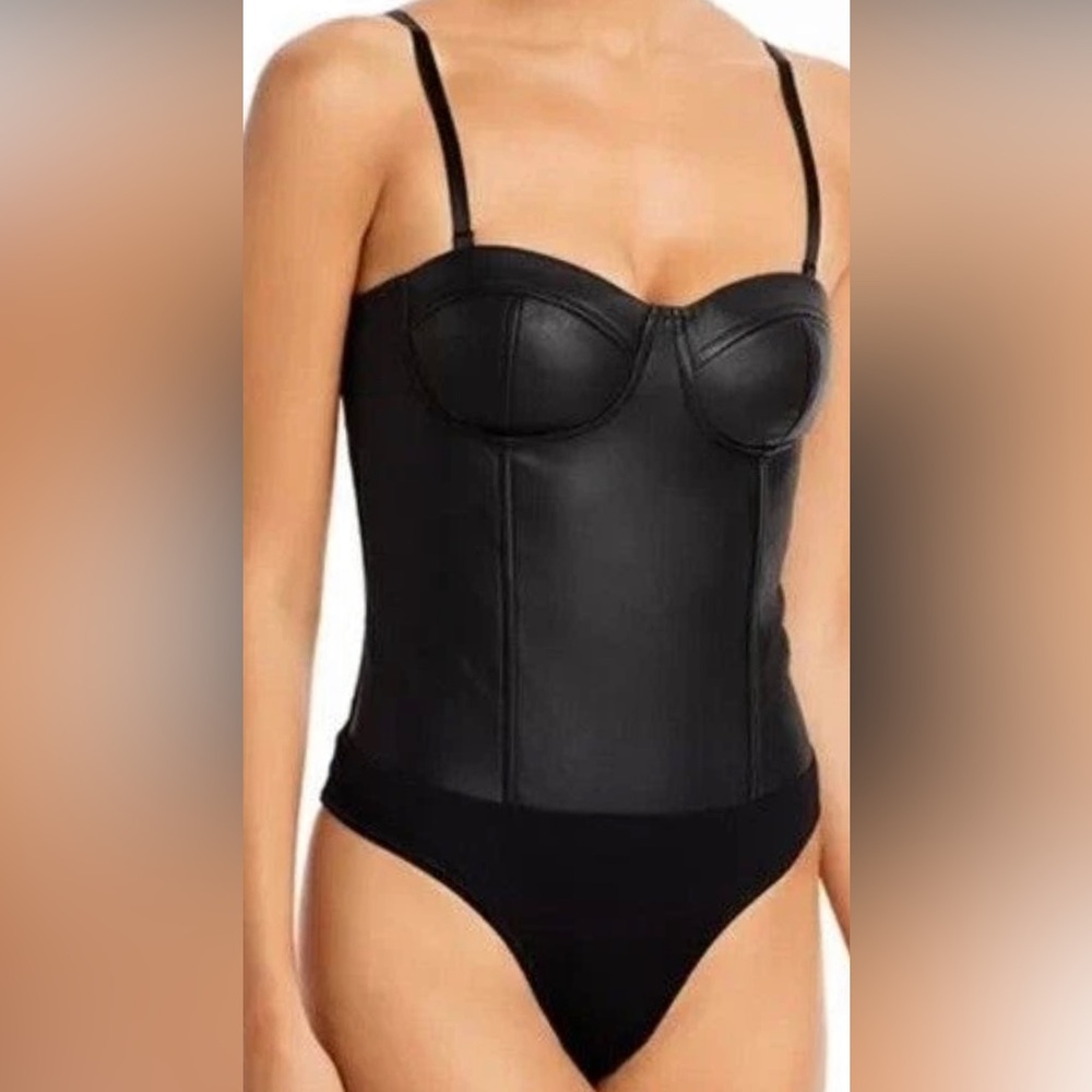 Aqua LARGE Black Faux Leathe  Push Up Bustier Bodysuit NWT